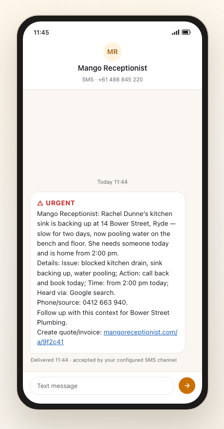 Mobile call summary with the caller, request, urgency and follow-up details.