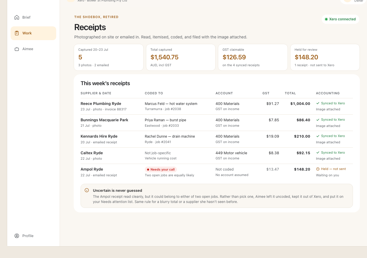 Receipt itemisation screen with source image, extracted values and review controls.